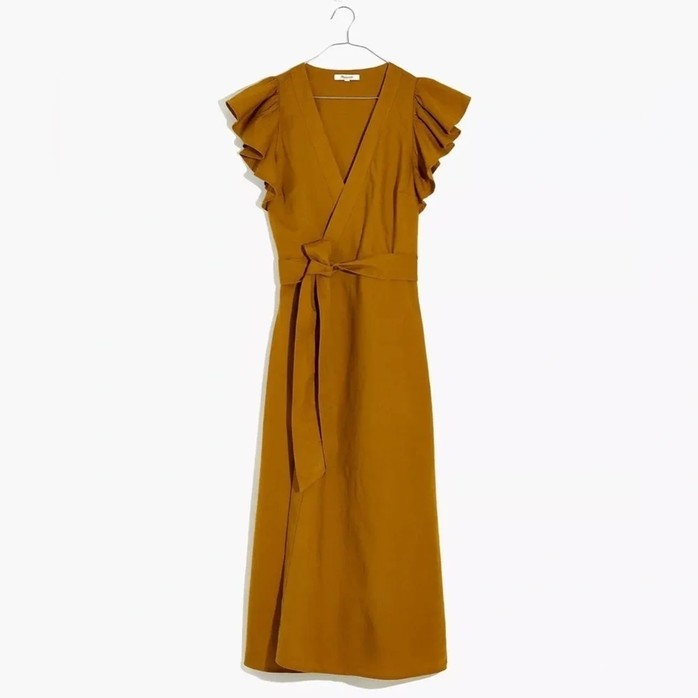 Madewell Linen-Blend Ruffle-Sleeve Wrap Midi Dress, Size S